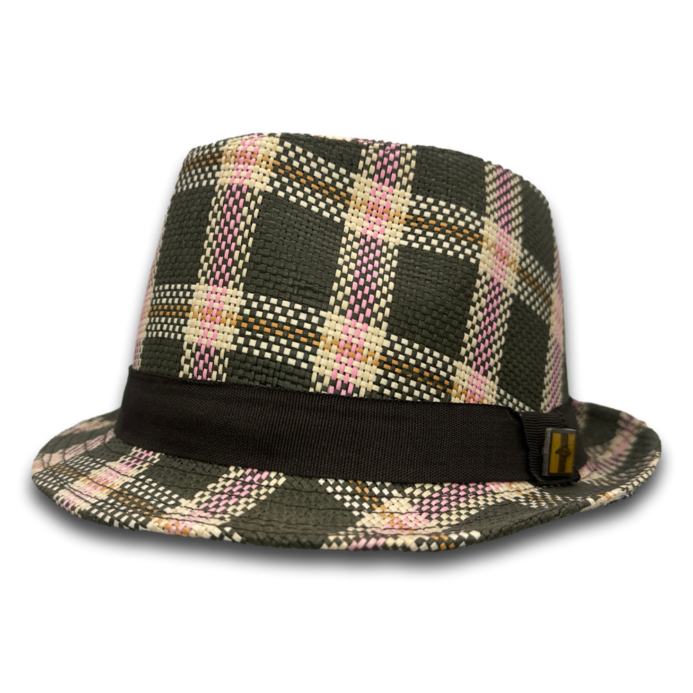 Peter Grimm Straw Short Brim Fedora Panama Trilby Beach Hat Checkered Pattern